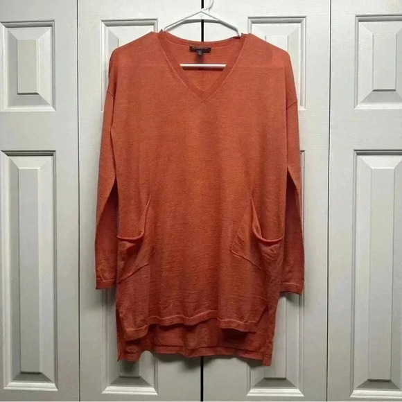 Eileen Fisher 100% Merino Wool Rust Orange Pocket Tunic Sweater PP/PTP or S/XS P - Picture 1 of 10